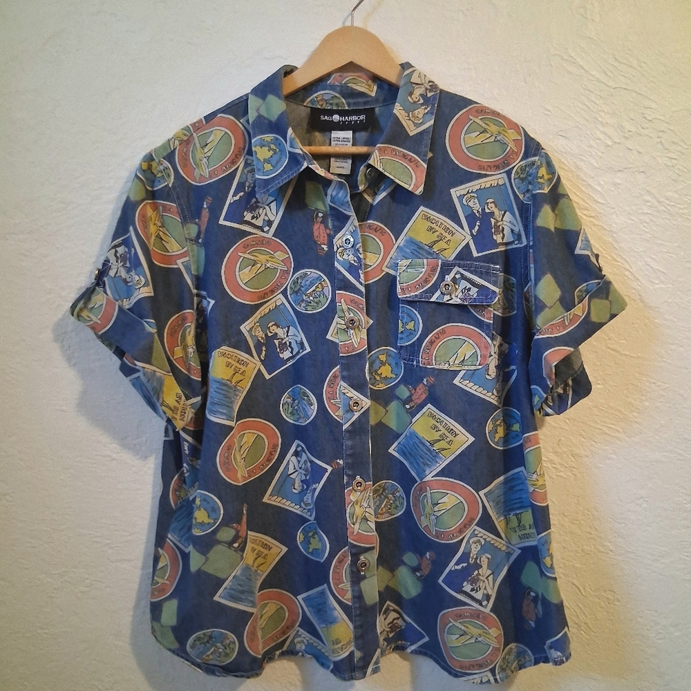 90s Sag Harbor Vacation Theme Graphic Button Down Shirt Eclectic Grandpa